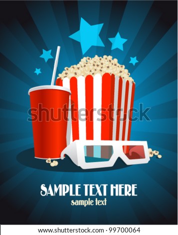 Cinema poster with popcorn box cola and 3D glasses. Cinema poster with popcorn box cola and 3D glasses.