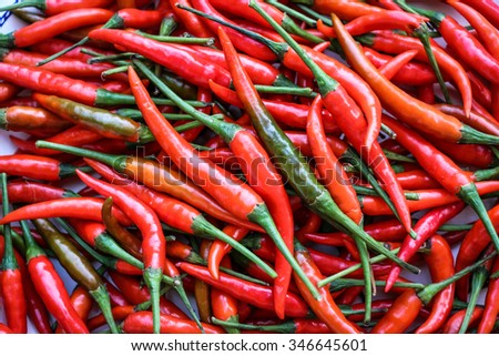 Pile of chillies, Chilly is a herb that has hot properities. Thai red chilly is very spicy.