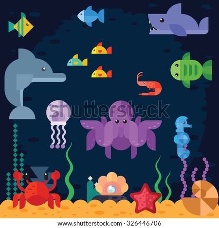 Ocean underwater life, sea animals. Fishing boat. Vector flat illustration