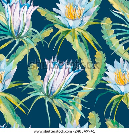 Tropical seamless pattern. Tropical flowers pattern.. Exotic leaves and flowers. Vector.Dragonfruit, pitaya,pitahaya. Flowers pitaya.