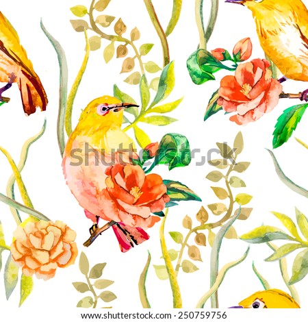 Watercolor pattern. Tropical birds and flowers. White-eye bird and camellia. Vector
