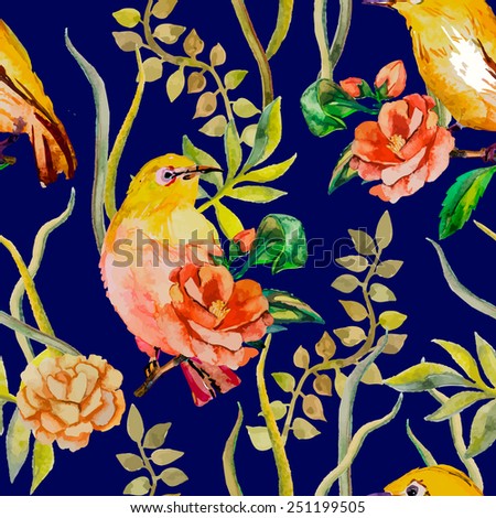 Watercolor pattern. Tropical birds and flowers. White-eye bird and camellia. Vector