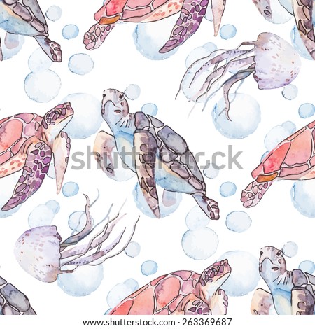 Underwater sea pattern. Sea turtles and jellyfish. Ocean
