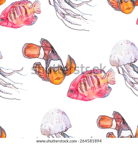 Sea pattern. Tropical fish. Jellyfish. Ocean