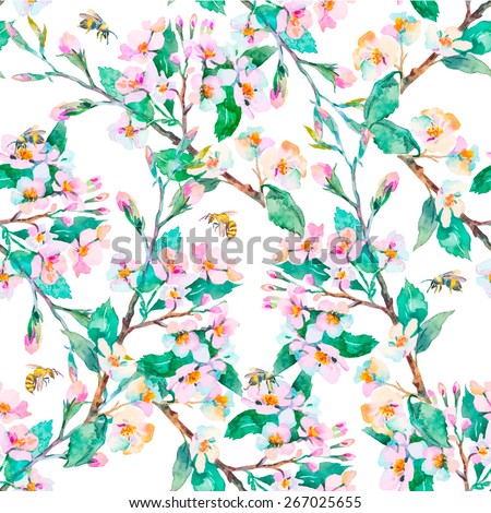 Spring pattern.Flowering branches and bees Watercolor Vector Spring pattern.Flowering branches and bees Watercolor Vector