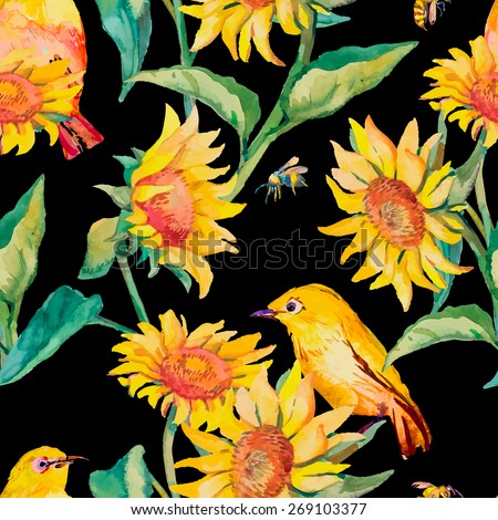 Watercolor pattern. Tropical birds and flowers. White-eye bird and sunflower on black background. Vector.