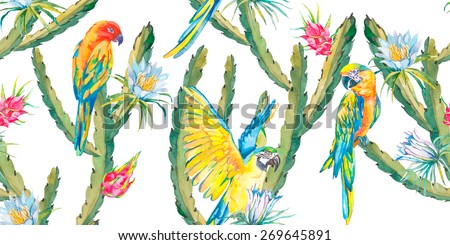 Tropical seamless background exotic flowers,tropical fruits,cactus flowers and parrots. Macaw seamless pattern. Vector.Transparent background.