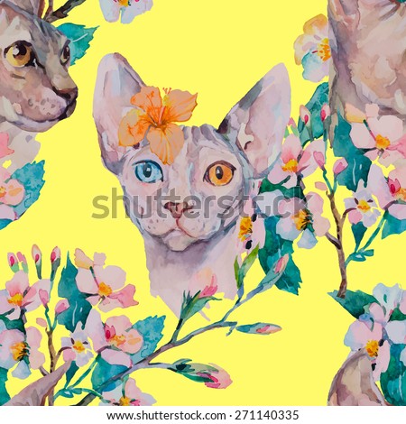 Hand drawn pattern Elegant Sphynx cat and tropical flower. Fashion portrait of cat.Sphinx. Spring pattern.Flowering branches. Watercolor.