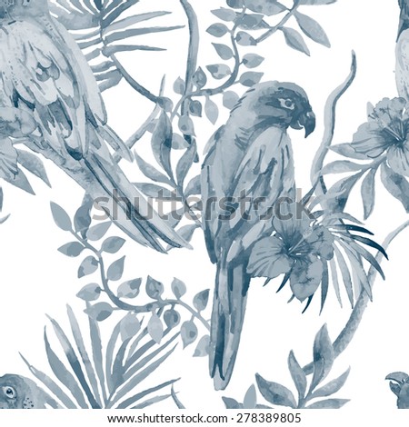 Parrot seamless pattern. Black and white pattern.Topical flower and leaves, hibiscus.  Exotic. Tropical plants: exotic flower hibiscus and leaves. Vector.