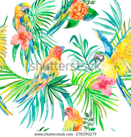 Tropical parrot seamless pattern. Palm leaves and tropical flower. Exotic. Bright tropical pattern.Tropical plants: exotic flower hibiscus and leaves. Vector.