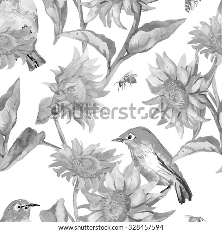 Black and white watercolor pattern. Tropical birds and flowers. White-eye bird and sunflower.