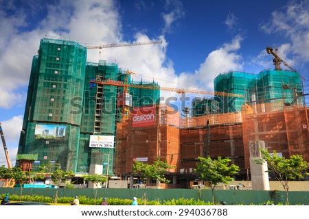 Ho Chi Minh City, Vietnam - July 2, 2015: Landscape construction of condominium building in HoChiMinh city is very Developed. Is the biggest city and economic center in Vietnam Hochiminh city.