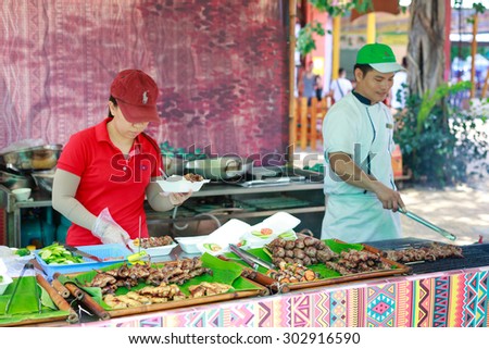 Hochiminh City, Vietnam - May 28, 2015: a food stall in the food fair at Dam Sen Park in Hochiminh City, Vietnam