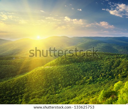 Sunny Morning In Mountain. Beautiful Landscape Composition.
