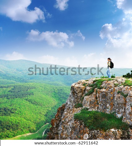 Girl on the peak of mountain Landscape composition Girl on the peak of mountain Landscape composition