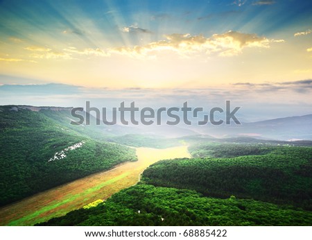 Sunrise in mountain. Nature composition.