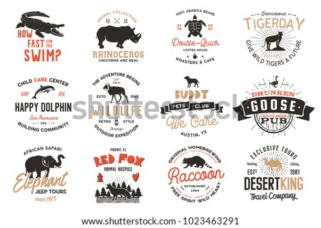 Wild animal Badges set and great outdoors activity insignias. Retro illustration of animal badges. Typographic camping style. Vector wild Animal logos with letterpress effect. Explorer quotes.