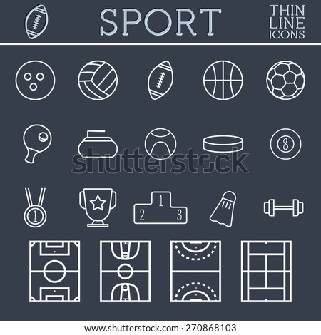 Sport outline icons, trendy thin line design, blue dark background. Soccer, volley-ball, basket-ball and other games. Can be used on web and mobile application, infographics, logo. Vector illustration