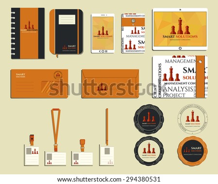 Smart solutions business branding identity set. Brand book, mobile device, smartphone, logo template, badge. Best for management consulting company etc. Unique geometric design. Vector illustration