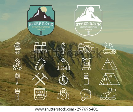Set of Summer, winter mountain camp badge, logo and label and line icon templates. Travel, hiking, climbing style. Outdoor. Best for adventure sites, travel company etc. On blurred background. Vector.