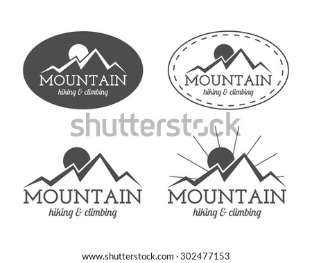 Set of monochrome mountain camp badge, logo and label templates. Travel, hiking, climbing style. Outdoor. Best for adventure sites, travel company etc. Isolated on white background. Vector.