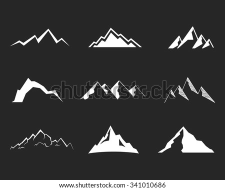 Set of mountain silhouette elements. Outdoor icon. Hand drawn snow ice mountain tops, decorative symbols isolated. Use them for camping logo, travel labels, climbing or hiking badges. Vector.