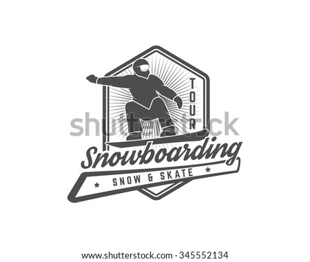 Snowboarding logo and label template. Winter sport badge. Extreme Emblem and icon. Adventure insignia. Vector monochrome design. With sunburst symbols. Retro design.