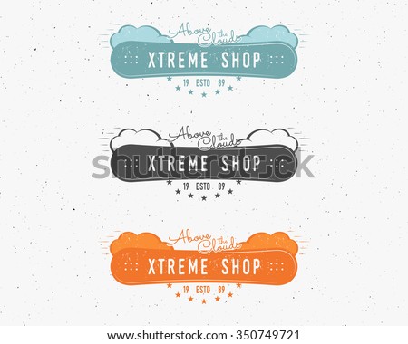 Set of Snowboarding extreme shop logo, label templates Winter snowboard sport store badge. Emblem and icon. Mountain Adventure insignia, symbol, element  Sports Vector vintage color design. Sky theme.