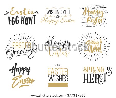 Easter wishes overlays, lettering labels design set. Retro holiday easter badges. Hand drawn emblem with ribbon. Isolated. Religious holiday sign or logo. Easter photo overlays design for web, print.