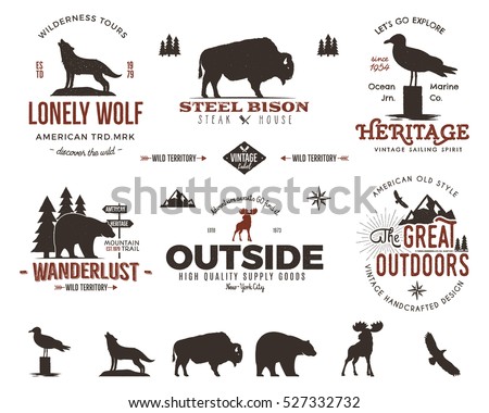Wild animal badges set and outdoors activity insignias. Retro illustration of animal badges. Typography camping style. Vector animal badges logos with letterpress effect. Custom explorer quotes.Rough