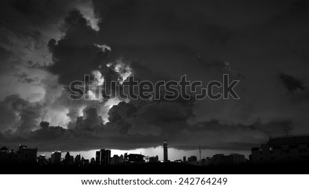 Black and White Lightning at night in Bangkok Thailand.