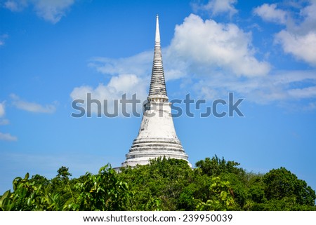 Temple thai on mount against blue sky background