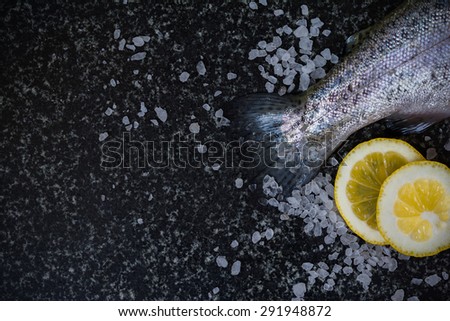 Delicious fresh raw fish on dark granite cutting board with lemon and salt. Vintage food background