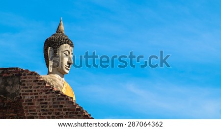 Statue of Buddha after wall at old temple;Wat Yai Cahi Mom Kon at Ayutthaya Thailand