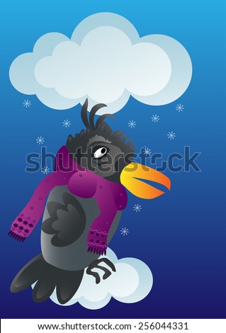 Weather forecast for the winter. Crow on a blue background.