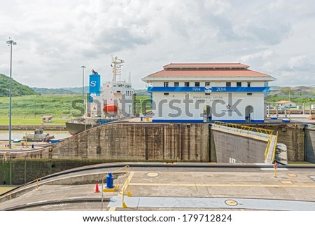 Panama City, Panama - January 2: 100 years celebration of  Panama Canal. Miraflores locks on a sunny day in January 2,  2014.