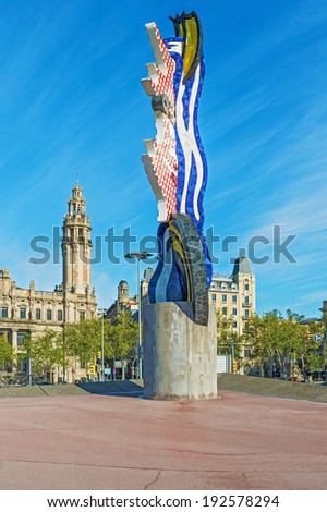 Barcelona, Spain - April 6:  View at The Barcelona Head sculpture (also known as Barcelona Face) on April 6, 2014. It was designed by American Pop Artist Roy Lichtenstein for the 1992 Olympic Games.