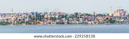 Panoramic  view at Istanbul, Turkey. Panoramic view at the Sultan Ahmed Mosque known as Blue mosque and  Hagia Sophia  \