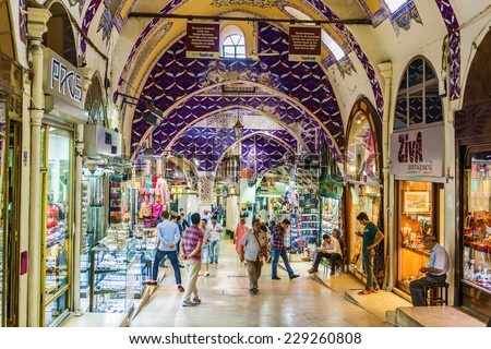 Istanbul, Turkey - September 11, 2014: Tourists and locals mix at the Grand Bazaar in Istanbul, Turkey.