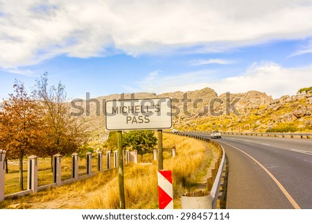 Michell\'s Pass, South Africa - May 8, 2015:  Sign by the road for Michell\'s Pass. It  is a mountain pass in the Western Cape province of South Africa which approaches the town of Ceres.