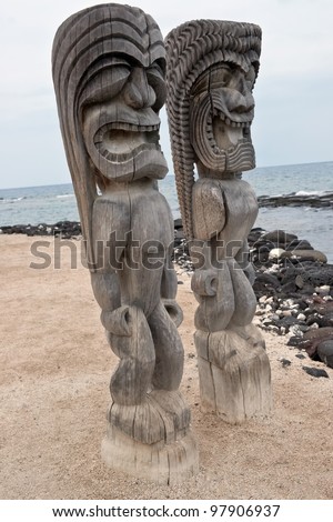 Hawaiian Sacred Carved Idols from Wood resembling images of god that guard the sanctuary of Puuhonua O Honaunau, an ancient refuge on the Big Island of Hawaii