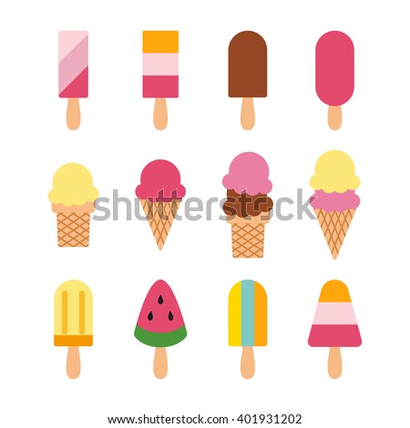 Ice creams isolated on white background. Chocolate ice cream. Vanilla ice cream. Ice cream cone. Ice cream on stick. Watermelon ice cream. Vector ice cream. Flat ice cream. Ice cream set