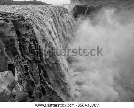 Black and white image of Dettifoss waterfall on Jokulsa a Fjollum river in Iceland