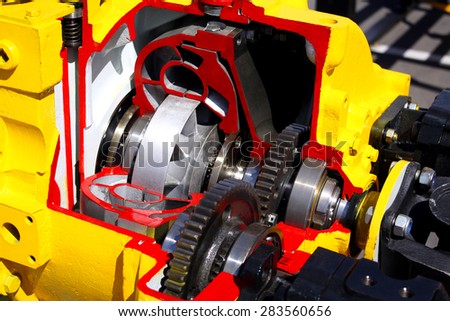 Cross section of large diesel engine with motor gear