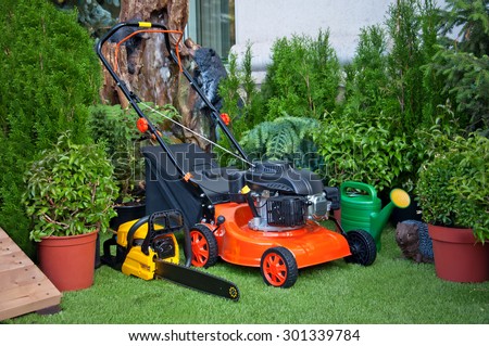 Gardening equipment, orange lawnmower, yellow chainsaw, green watering can, garden statue of a hedgehog, garden plants in pots in the garden