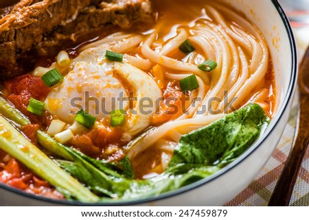Tomato Noodle Soup with Pork Ribs, Egg and Bok Choy