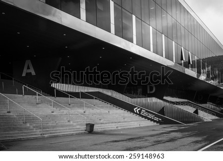 NEUCHATEL, SWITZERLAND - FEBRUARY 28, 2015: Stade de la MaladiÃ¨re from the main entrance