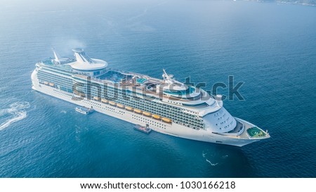 Aerial view large cruise ship at sea, Passenger cruise ship vessel, Large Cruise ship sailing across the Gulf of Thailand.