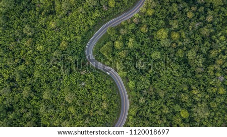 Aerial view of forest road at South East Asia, Aerial view of a provincial road passing through a forest, Thailand.