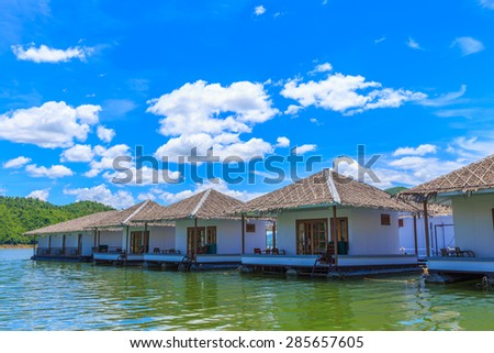 Floating house on the Srinakrarin Dam in Kanchanaburi Province of Thailand